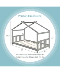 Twin Size House Bed with Roof Wooden Low Floor Bed No Box Spring Needed