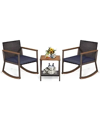 3 Pcs Patio Rattan Rocking Chair Bistro Set Armrest Cushion Table with Storage Shelf