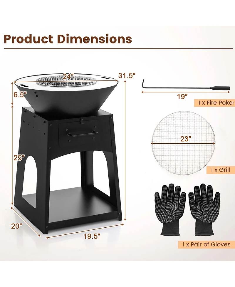 Costway 24" Heavy Duty Fire Pit with firewood rack Fire Poker Gloves Grilling Rack Outdoor