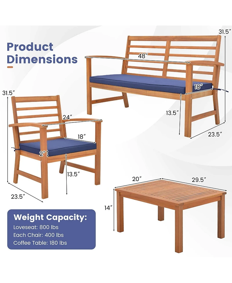 4 Pcs Outdoor Furniture Set with Soft Seat Cushions Stable Acacia Wood Frame