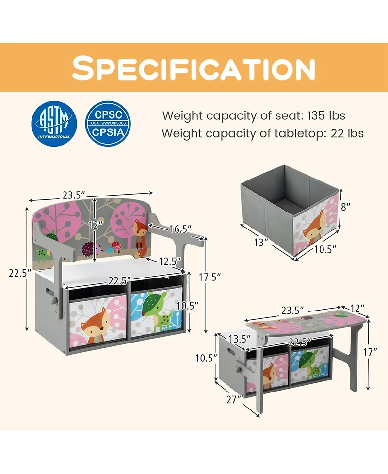 3 1 Kids Convertible Activity Bench Children Table & Chair Set with 2 Bins