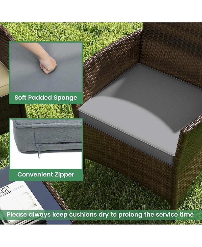 4 Pcs Patio Furniture Set with Washable Cushions and Tempered Glass Coffee Table