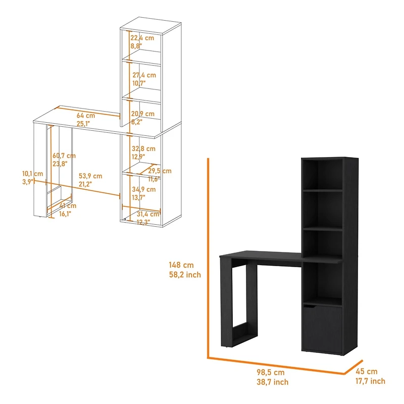 Streamdale Peterson Computer Desk With 4-Tier Bookcase And 1-Door Cabinet Black