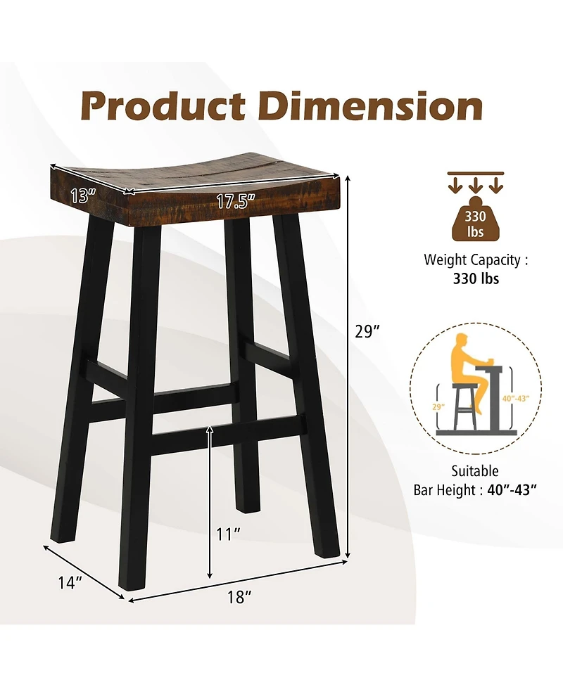 24" Bar Stool Set of 2 Counter Height Solid Wood Curved Saddle Seat Footrest