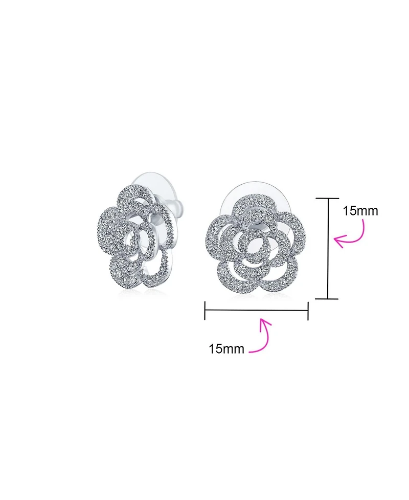 Pave Cz Accent Open Floral Love Rose Flower Stud Earrings For Women Wedding Party Bridesmaids Brides Rhodium Plated Brass 15MM