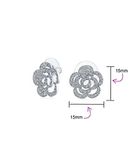 Pave Cz Accent Open Floral Love Rose Flower Stud Earrings For Women Wedding Party Bridesmaids Brides Rhodium Plated Brass 15MM