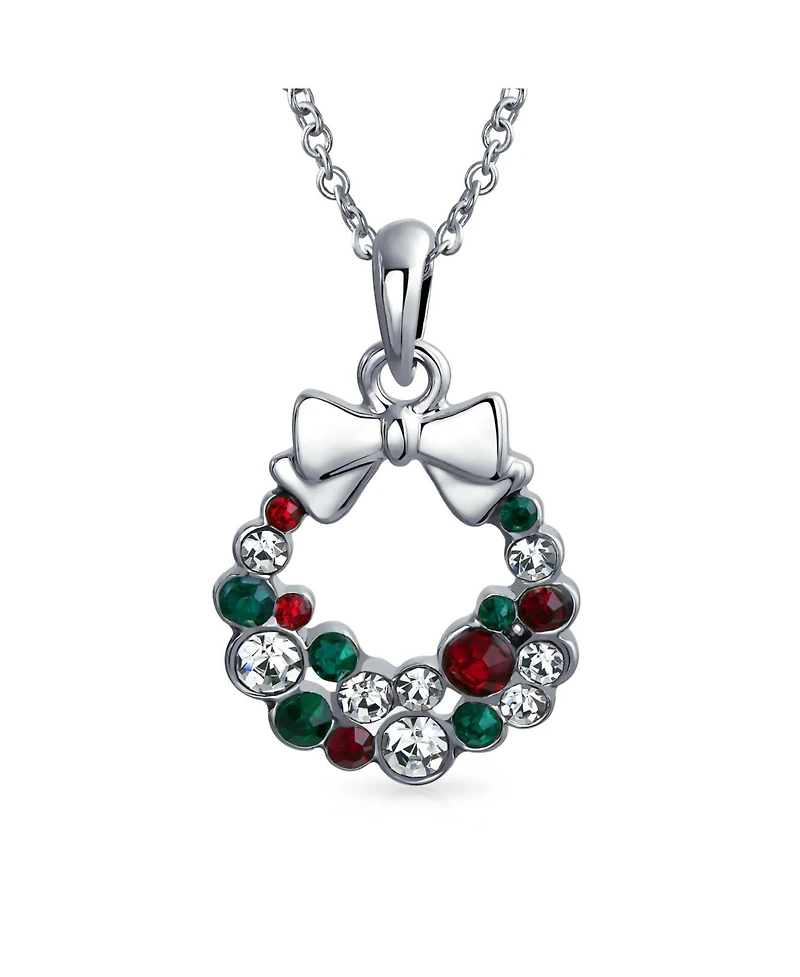 Bling Jewelry Fashion Sparkling Christmas Bow Red Green White Crystal Holiday Wreath Pendant Necklace Stud Earrings Jewelry Set Crystal