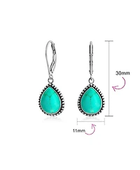 Bling Jewelry Boho Western Style Milgrain Setting Natural Lapis Turquoise Jade Onyx Quartz Pear Shaped Teardrop Dangle Drop Earrings Oxidized .925 Ste