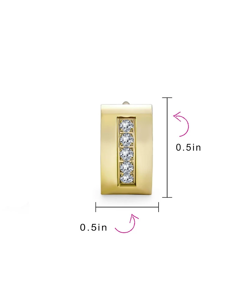 Unisex Channel Set 3 Row Cubic Zirconia Cz K-pop Wide Mini Hoop Huggie Earrings For Men Women Black Plated Steel Stainless