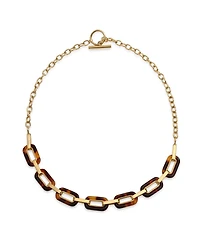 Bling Jewelry Fashion Golden Brown Oval Link Faux Tortoise Shell Collar Necklace Gold Plated Stainless Steel Chain Toggle Clasp