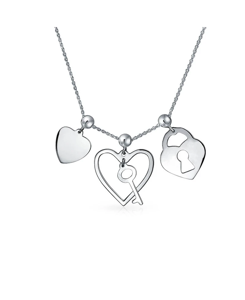 Love Lock And Key Heart 3 Charm Pendant Necklace .925 Sterling Silver