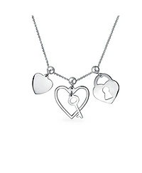 Love Lock And Key Heart 3 Charm Pendant Necklace .925 Sterling Silver