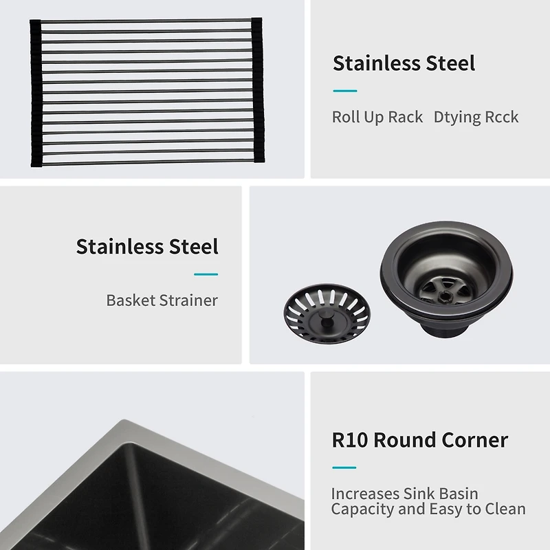 Streamdale 10" Deep Gunmetal Black Stainless Steel Kitchen Sink