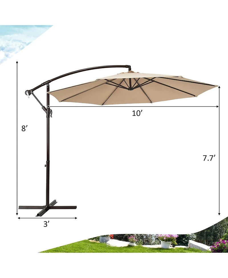Gymax 10 ft Patio Cantilever Offset Umbrella Yard Garden Outdoor w/ 8 Ribs Beige