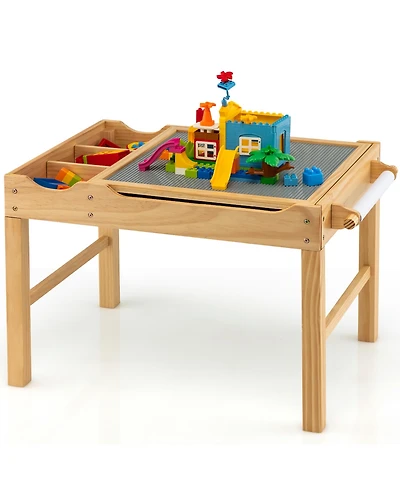 Kids Multi Activity Play Table Wooden Building Block Desk with Storage Paper Roll