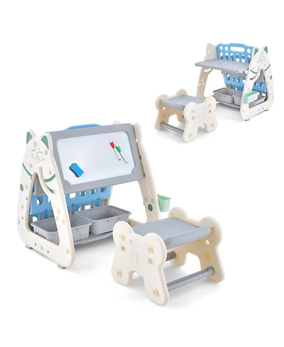 Slickblue 3-In-1 Double Sided Magnetic Dry-Erase Board with Stool and Flipped Writing Desktop