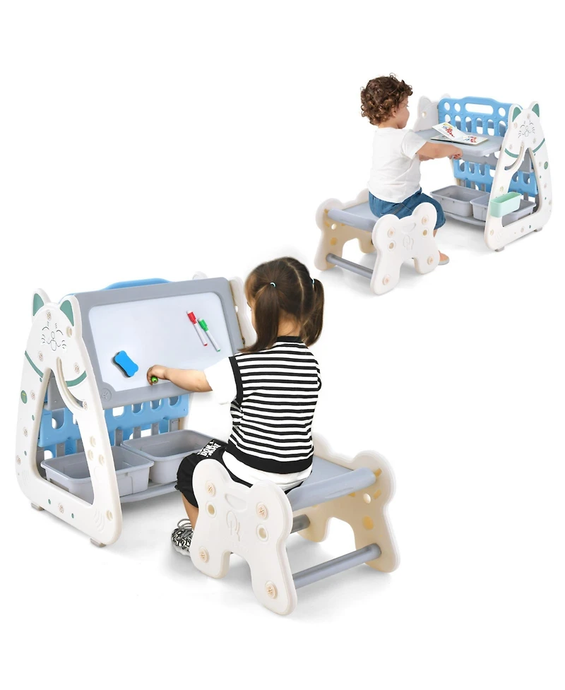 Slickblue 3-In-1 Double Sided Magnetic Dry-Erase Board with Stool and Flipped Writing Desktop