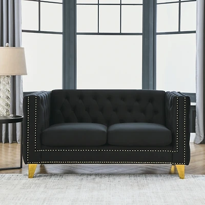 Streamdale Furniture Black Velvet Tufted Sofa with Metal Legs