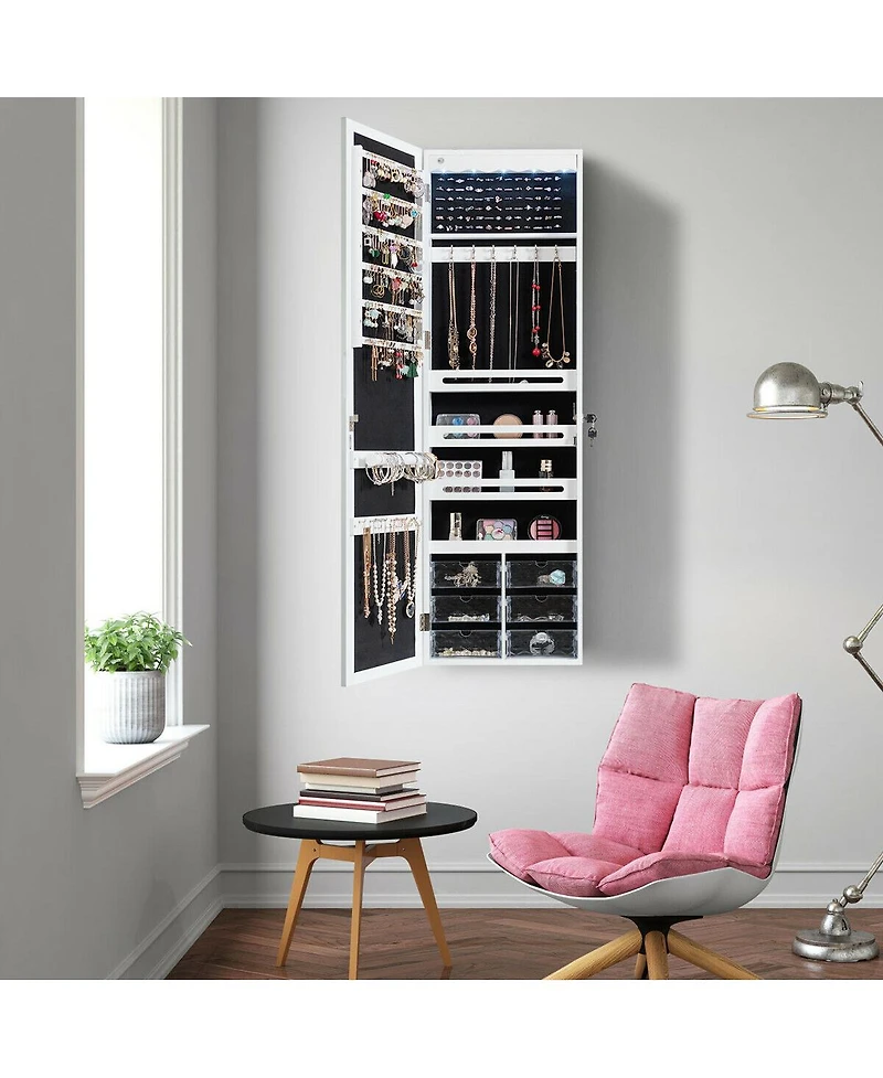 Sugift Door Hanging Mirror Jewelry Armoire with Full Length Mirror and 6 Drawers
