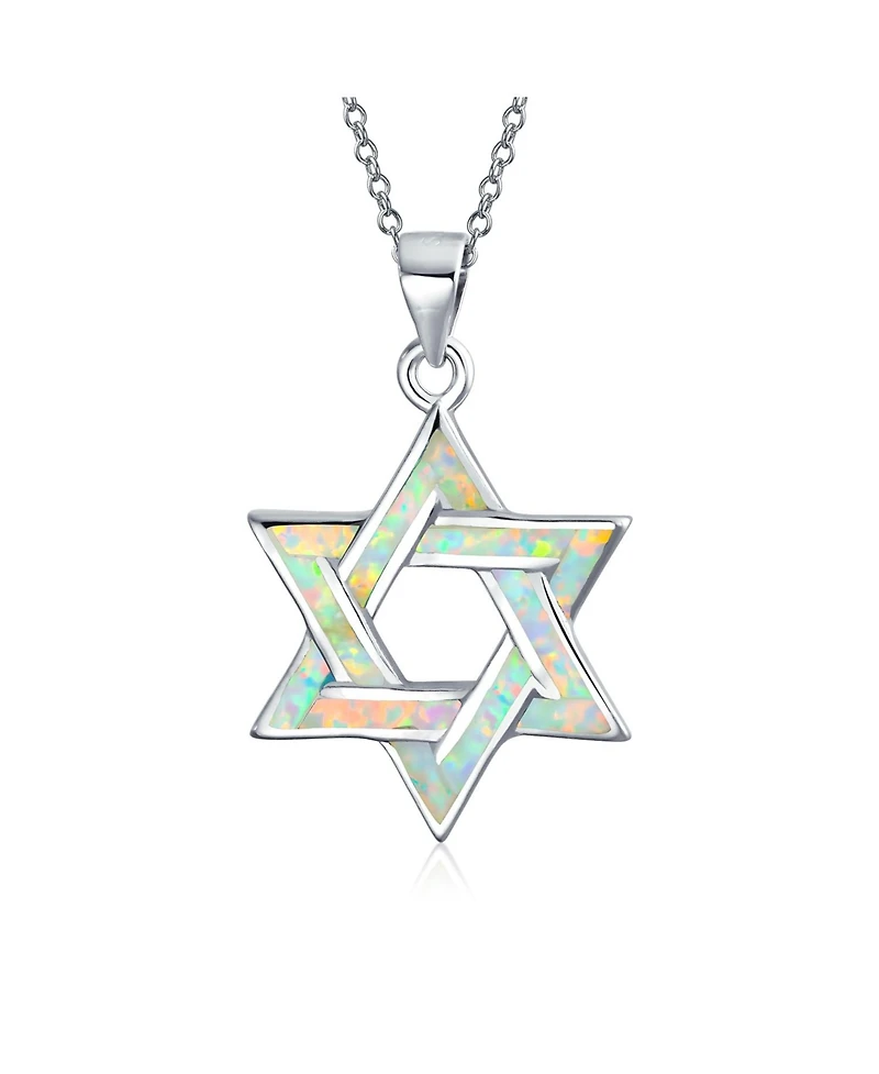 Bling Jewelry Hanukkah Magen Judaic White Synthetic Opal Inlay Star Of David Pendant Necklace Bat Mitzvah Sterling Silver