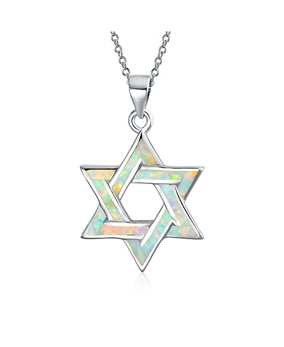 Bling Jewelry Hanukkah Magen Judaic White Synthetic Opal Inlay Star Of David Pendant Necklace Bat Mitzvah Sterling Silver