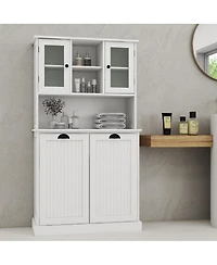 Two-Compartment Tilt-Out Dirty Laundry Basket Tall Bathroom Cabinet With 2 Adjustable Shelves-White