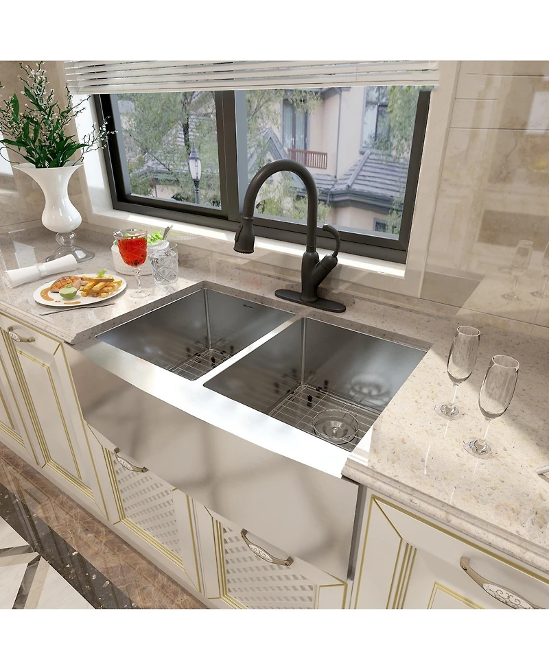 Mondawe Farmhouse Apron Front 33-in x 22-in Brushed Stainless Steel Double Bowl Kitchen Sink with Accessories