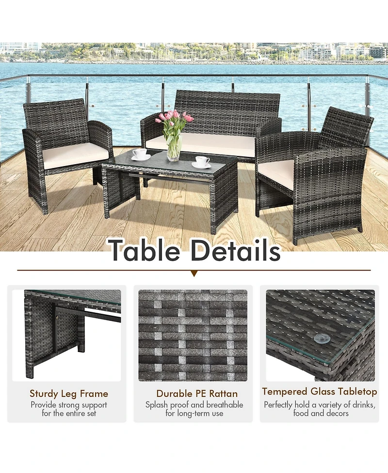 Sugift 4 Pieces Patio Rattan Furniture Set with Glass Table and Loveseat