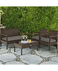 Sugift 4 Pieces Patio Rattan Cushioned Furniture Set with Loveseat and Table