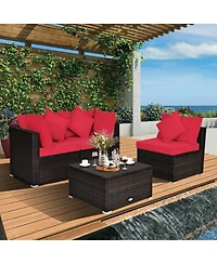 Sugift 4 Pcs Ottoman Garden Deck Patio Rattan Wicker Furniture Set Cushioned Sofa