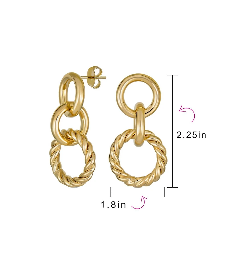 Bling Jewelry Classic Twisted Rope Braid Cable Light Weight Door Knocker Style 3 Tier Circle Hoop Earrings Yellow Gold Plated Brass 1.70 Inch