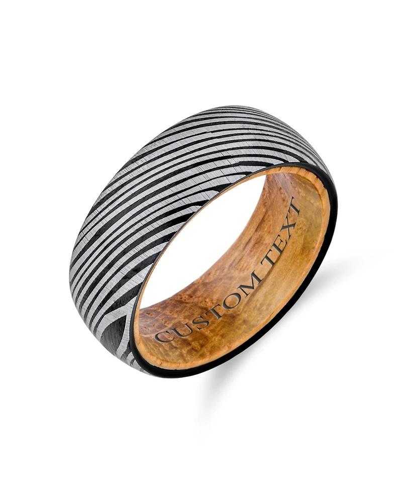 Bling Jewelry Laser Etched Wood Grain Matte Finish Black Band with Oliver Wood Sleeve Liner Titanium Band Rings Comfort Fit 8MM