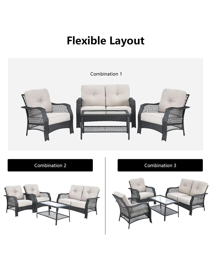 Sugift 4 Pieces Patio Wicker Furniture Conversation Sets with Coffee Table and Cushions