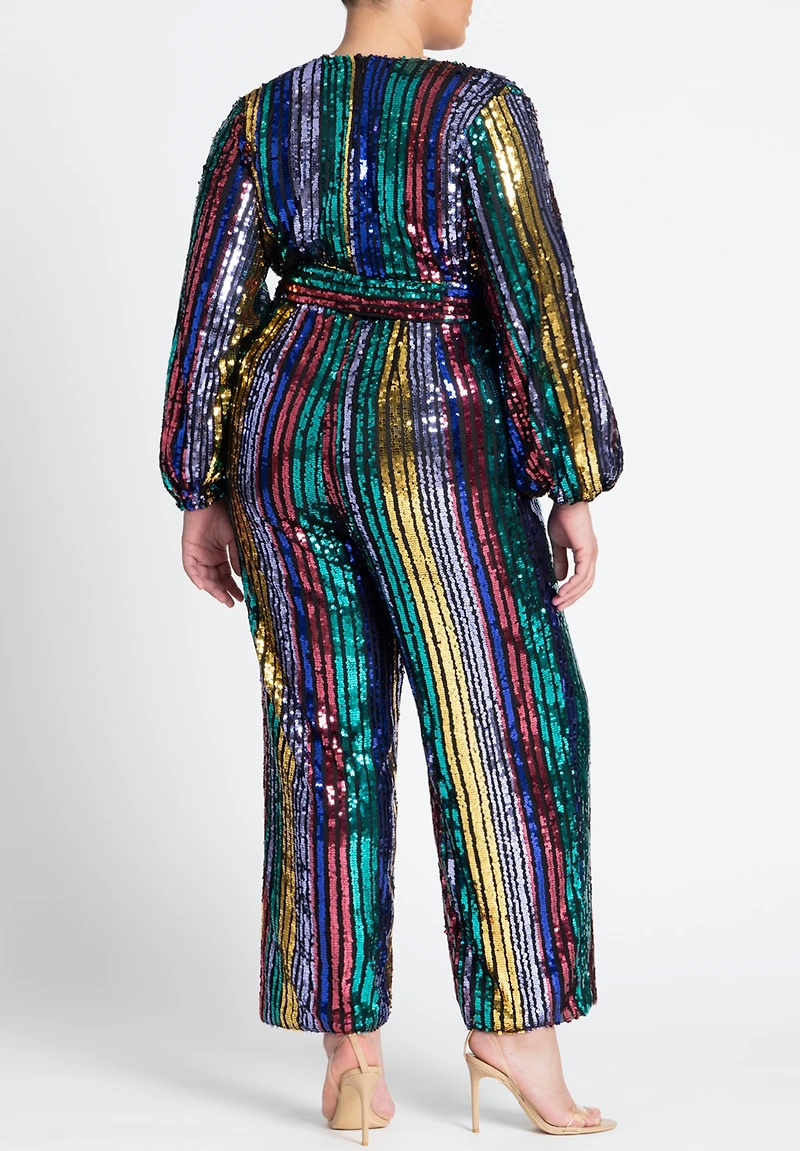 Eloquii Women's Plus Multicolor Stripe Sequin Jumpsuit