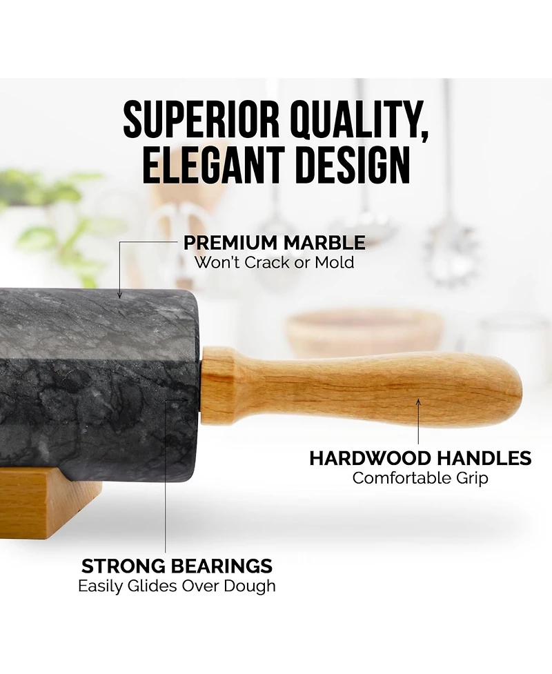 Zulay Kitchen Marble Rolling Pin With Stand - Long Rolling Pin Marble With Beechwood Handle