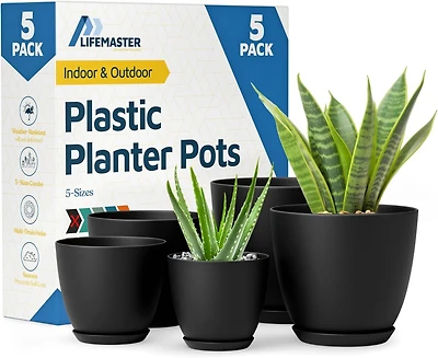 Black Plant Pots with Drainage Holes & Saucers 20 Packs, Indoor & Outdoor Stackable Plastic Planters in Multiple Sizes for Houseplants & Flowers, Dura