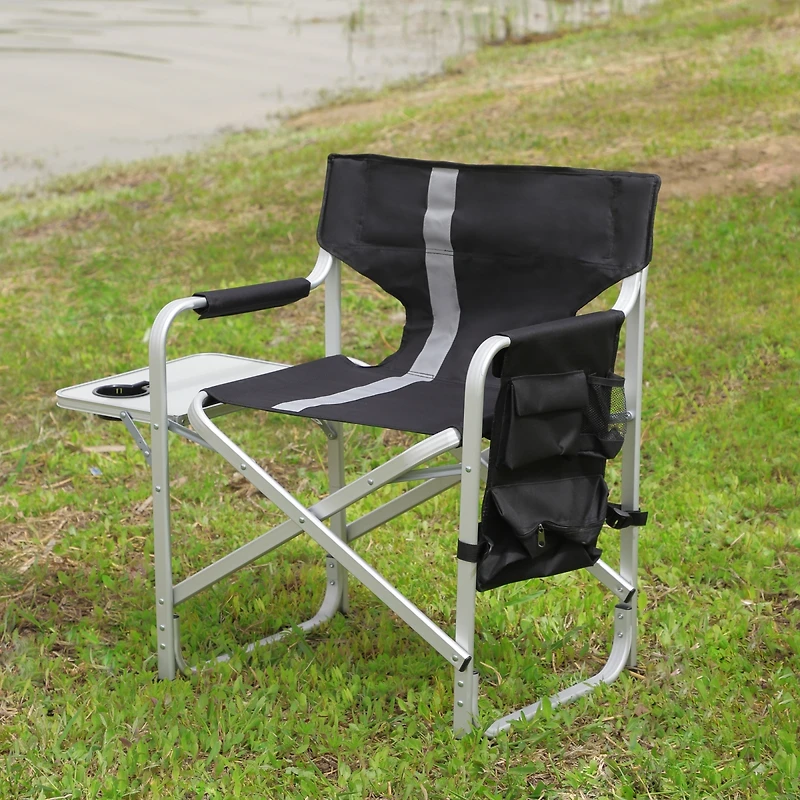 Streamdale Folding Outdoor Chair with Table & Pockets, Black/Grey