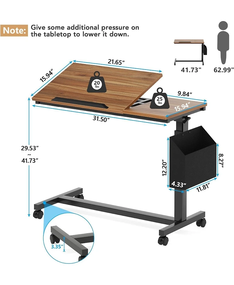 Tribesigns Height Adjustable C Shaped End Table with Wheels and Side Pocket, Mobile Sofa Snack Table with Tiltable Drawing Board for Couch Bed