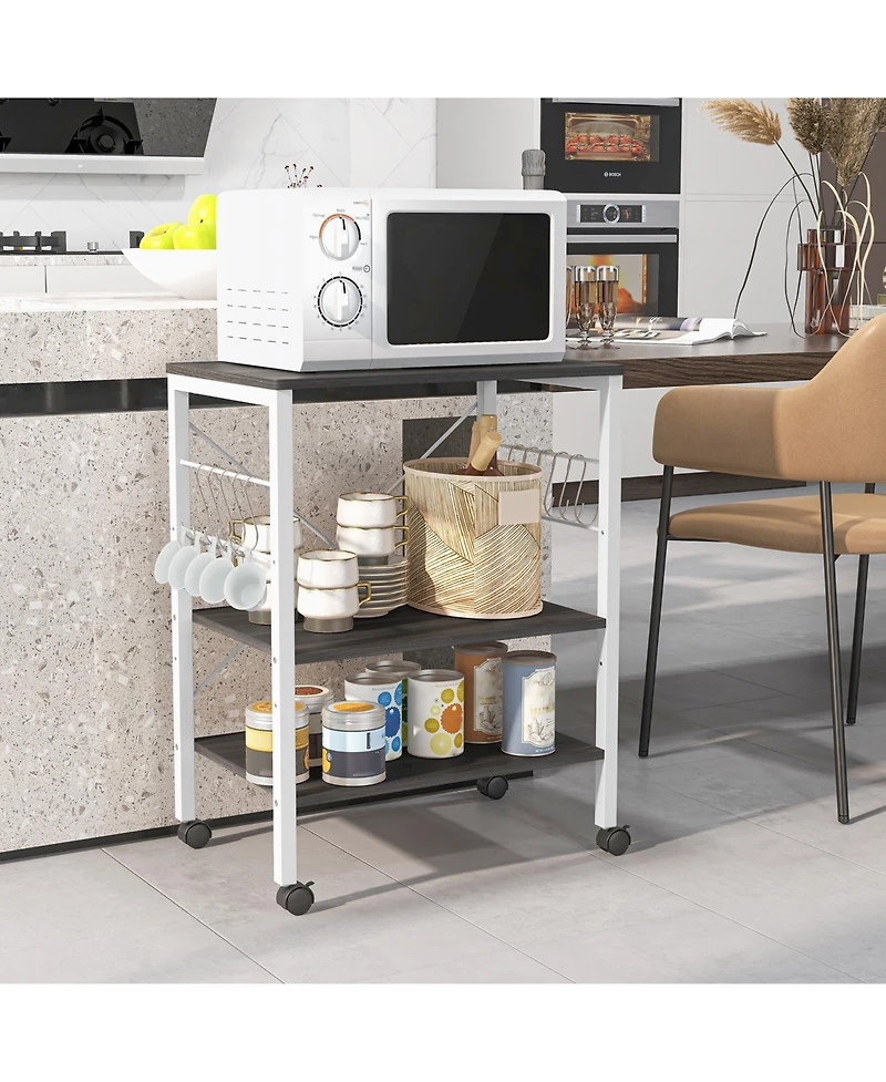 3-Tier Kitchen Baker's Rack with Microwave Shelf, Storage Hooks, and Utility Cart