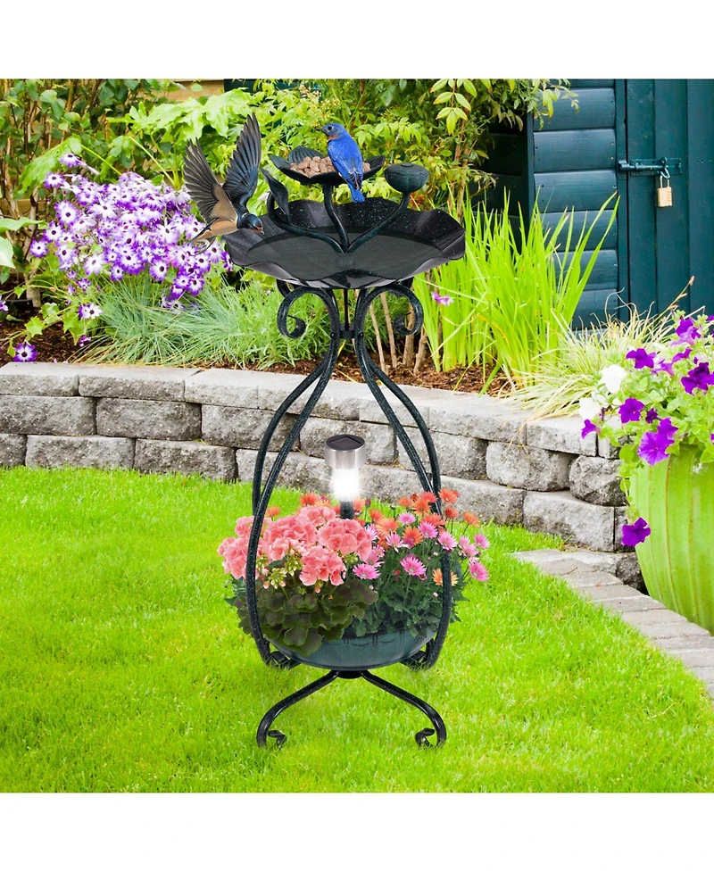 Slickblue Solar Outdoor Bird Bath Feeder Combo with Flower Planter Pedestal and Lights