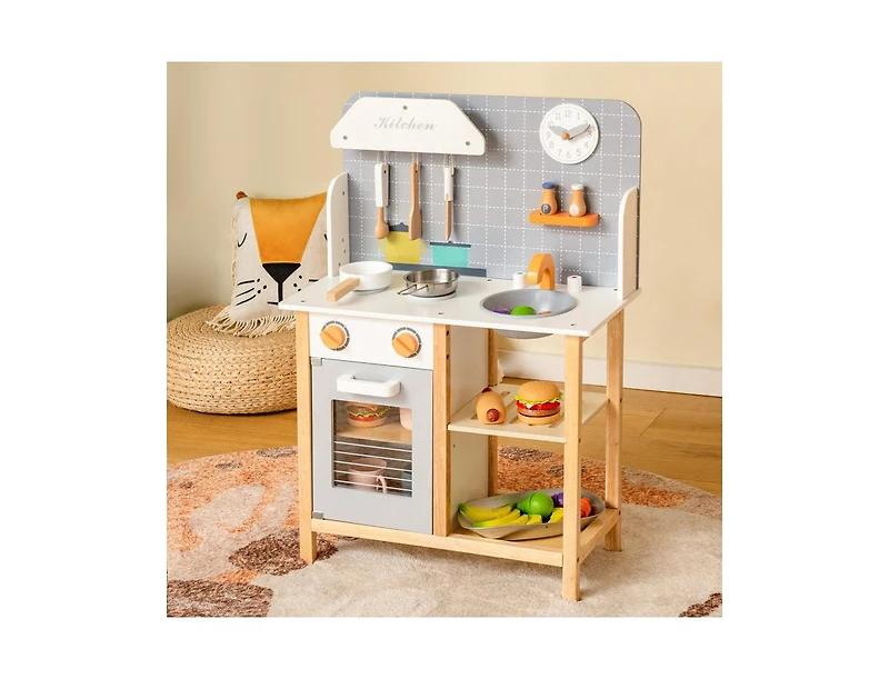 Slickblue Wooden Toddler Pretend Kitchen Set with Cookware Accessories for Boys and Girls-Grey