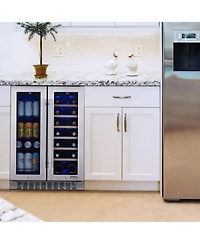 Newair 24 Inch Premium Built-in Dual Zone 20 Bottle and 60 Can French Door Wine and Beverage Fridge in Stainless Steel with SplitShelf and Beech Wood