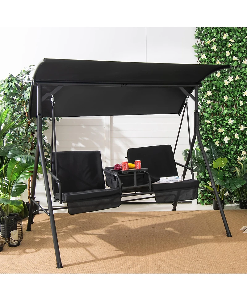 2-Person Canopy Porch Swing Padded Chair Cooler Bag Rotatable Tray Black