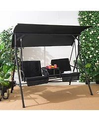 2-Person Canopy Porch Swing Padded Chair Cooler Bag Rotatable Tray Black