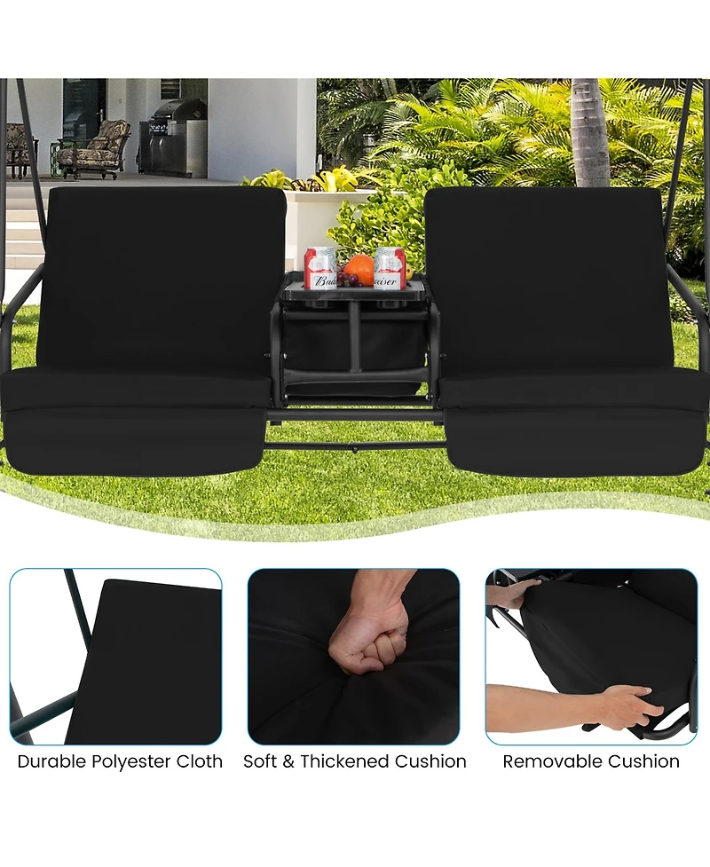2-Person Canopy Porch Swing Padded Chair Cooler Bag Rotatable Tray Black