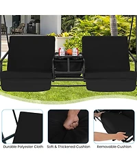 2-Person Canopy Porch Swing Padded Chair Cooler Bag Rotatable Tray Black