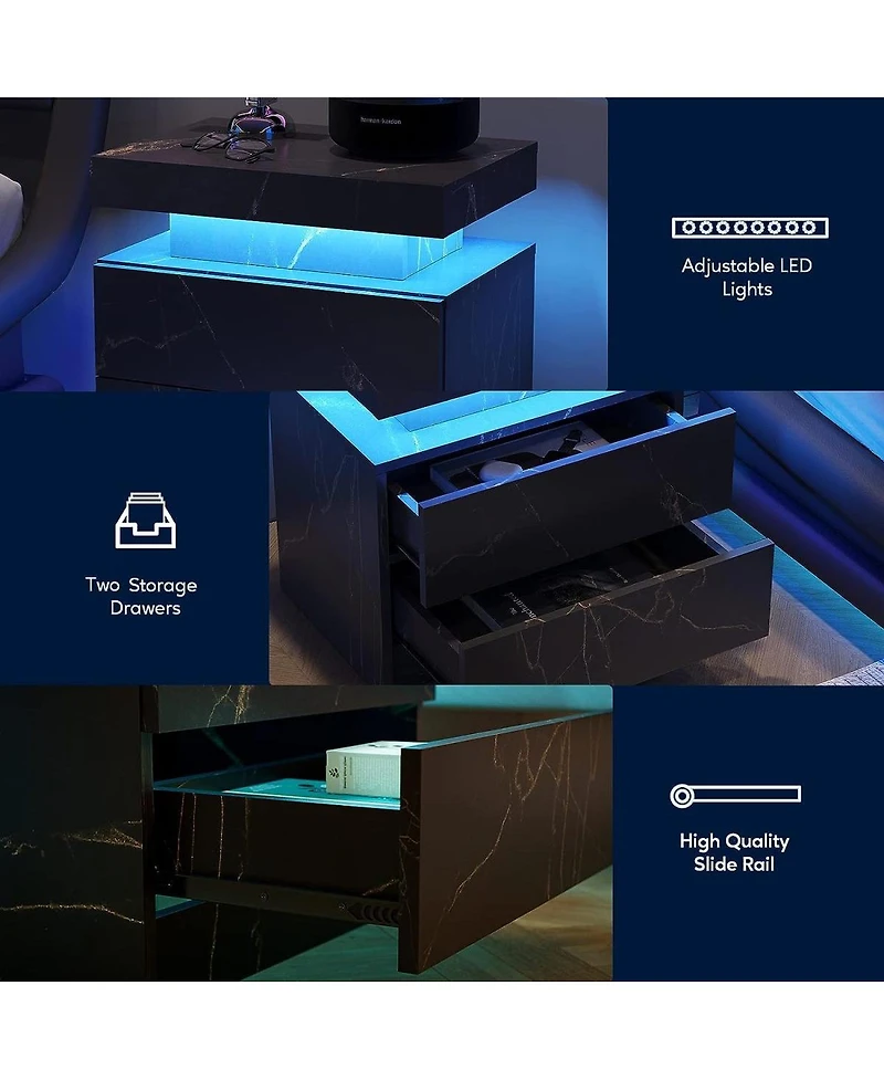 Nightstand Led Bedside Table Cabinet Lights Modern End Side With 2 Drawers For Bedroom (Black Gold)