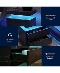 Nightstand Led Bedside Table Cabinet Lights Modern End Side With 2 Drawers For Bedroom (Black Gold)