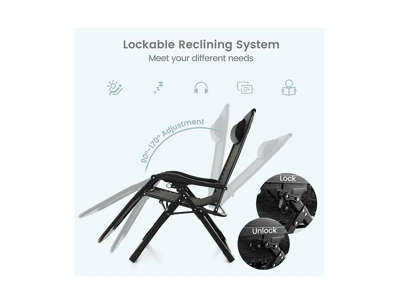 Slickblue Adjustable Metal Zero Gravity Lounge Chair with Removable Cushion and Cup Holder Tray