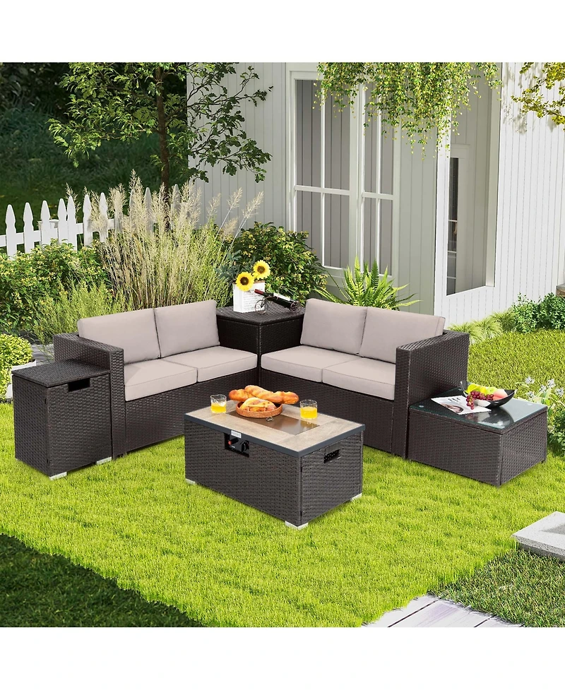 6PCS Patio Rattan Furniture Set 32'' Fire Pit Table Tank Holder with Cover